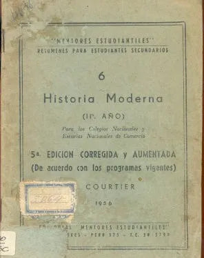 Libro usado en venta: Historia moderna 6 - Resumenes para estudiantes secundarios; editorial Mentores estudiantiles impreso en 1956.1