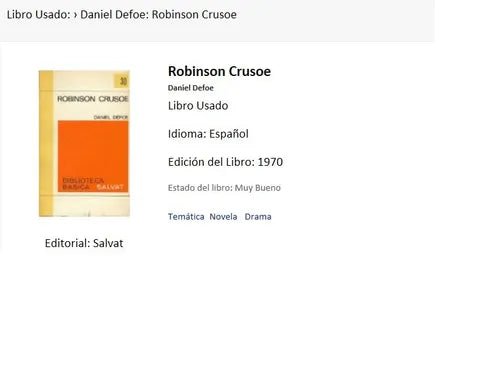 Libro usado en venta: Robinson Crusoe de Daniel Defoe; editorial Salvat impreso en 1970 realizamos envios a todo el mundo.1