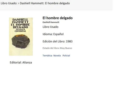 Libro usado en venta: El hombre delgado de Dashiell Hammett; editorial Alianza impreso en 1983 realizamos envios a todo el mundo.1