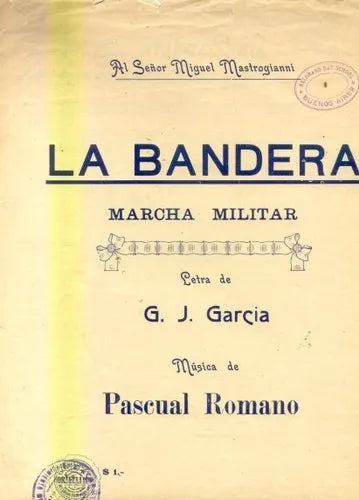 Libro usado en venta: La bandera (Marcha militar) de Miguel Mastrogianni; editorial Ortelli realizamos envios a todo el mundo.1