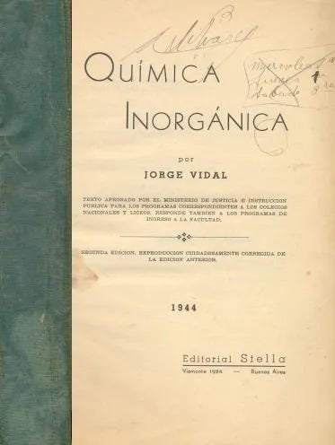 Libro usado en venta: Quimica Inorganica de Jorge Vidal; editorial Stella impreso en 1944 realizamos envios a todo el mundo.1