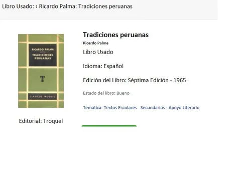 Libro usado en venta: Tradiciones peruanas de Ricardo Palma; editorial Troquel impreso en 1965 realizamos envios a todo el mundo.1