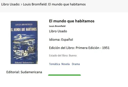 Libro usado en venta: El mundo que habitamos de Louis Bromfield; editorial Sudamericana impreso en 1951 realizamos envios a todo el mundo.2