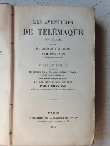 Libro usado en venta: Les aventures de telemaque fils d'ulysse de Par Fenelon; editorial Librairie de L. Hachette impreso en 1867.1