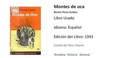 Libro usado en venta: Montes de oca de Benito Perez Galdos; editorial Tor impreso en 1943 realizamos envios a todo el mundo.1