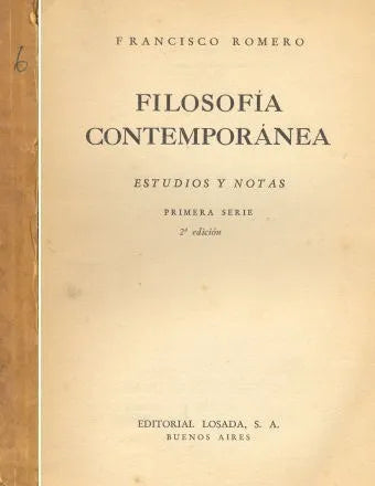 Libro usado en venta: Filosofia Contemporanea de Francisco Romero; editorial Losada impreso en 1944 realizamos envios a todo el mundo.1