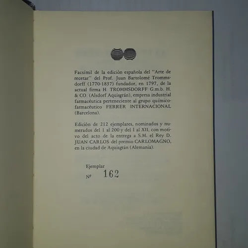 Libro usado en venta: Arte de recetar conforme los principios de la quimica farmaceutica de Juan Bartolome Trommsdorff; Romagraf impreso en 1982.1