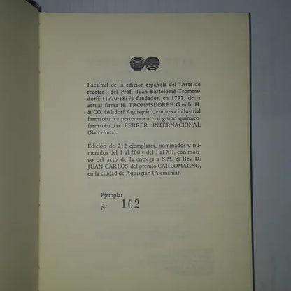 Libro usado en venta: Arte de recetar conforme los principios de la quimica farmaceutica de Juan Bartolome Trommsdorff; Romagraf impreso en 1982.1