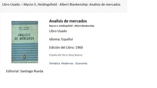 Libro usado en venta: Analisis de mercados de Myron S. Heidingsfield - Albert Blankenship; editorial Santiago Rueda impreso en 1960.1