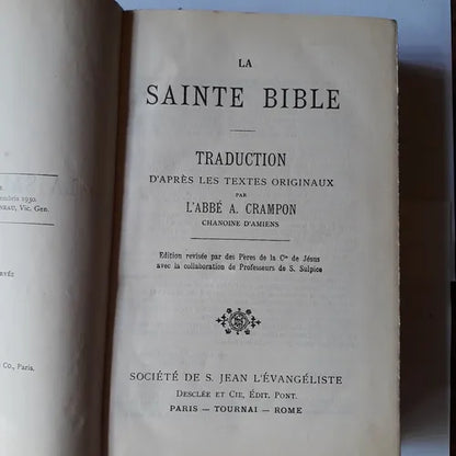 Libro usado en venta: La Sainte Bible de L'Abbe A. Crampon; editorial Societe de S. Jean L'Evangeliste impreso en 1930 envios a todo el mundo.1