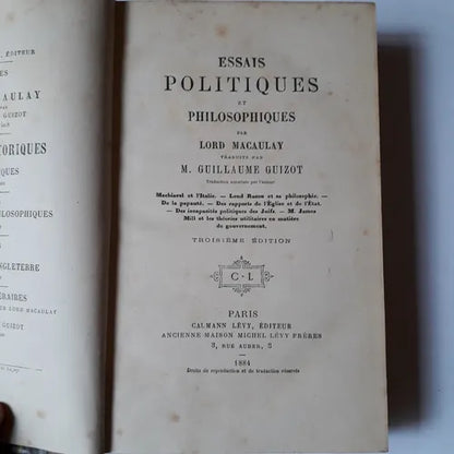 Libro usado en venta: Essais politiques et Philosophiques de Lord Macaulay; editorial Calmann - Levy impreso en 1884 realizamos envios a todo el mundo.1