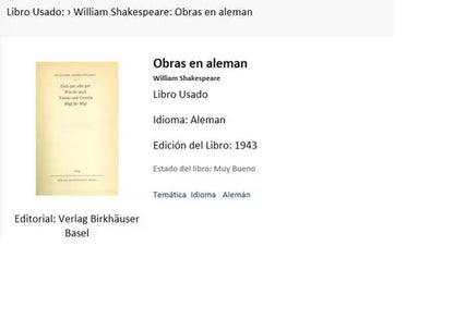 Libro usado en venta: Obras en aleman de William Shakespeare; editorial Verlag Birkhäuser Basel impreso en 1943 realizamos envios a todo el mundo.1