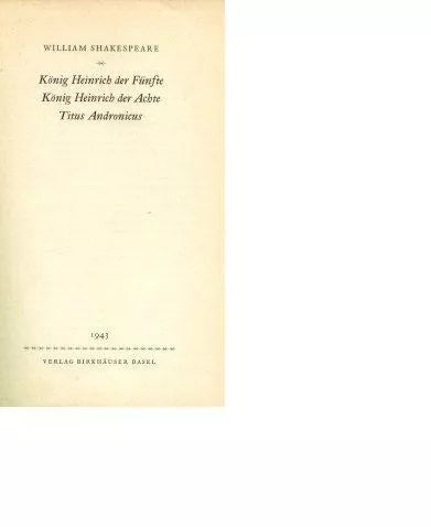 Libro usado en venta: Obras en aleman de William Shakespeare; editorial Verlag Birkhäuser Basel impreso en 1943 realizamos envios a todo el mundo.1