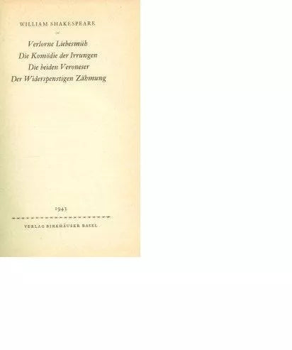 Libro usado en venta: Obras en aleman de William Shakespeare; editorial Verlag Birkhäuser Basel impreso en 1943 realizamos envios a todo el mundo.1