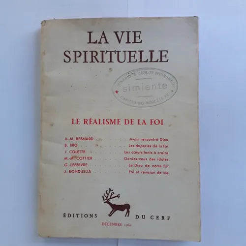 Libro usado en venta: La vie spirituelle - Le realisme de la foi; editorial Du cerf impreso en 1960 realizamos envios a todo el mundo.1