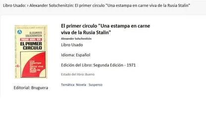 Libro usado en venta: El primer circulo "Una estampa en carne viva de la Rusia Stalin" de Aleksandr Solzhenitsyn; editorial Bruguera impreso en 1971.1