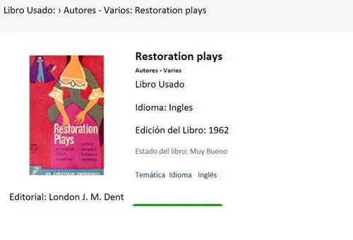 Libro usado en venta: Restoration plays; editorial J. M. Dent impreso en 1962 realizamos envios a todo el mundo.1