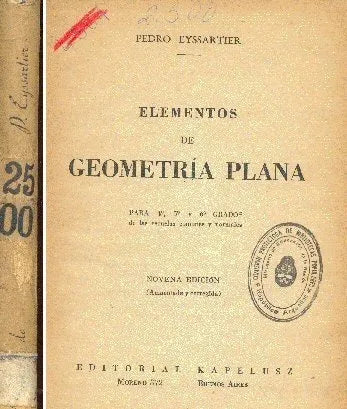 Libro usado en venta: Elementos de Geometria plana de Pedro Eyssartier; editorial Kapelusz impreso en 1954 realizamos envios a todo el mundo.1