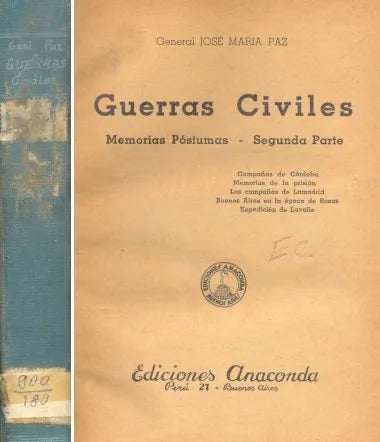 Libro usado en venta: Guerra civiles - Memorias postumas - Segunda Parte de Jose Maria Paz; editorial Anaconda realizamos envios a todo el mundo.1