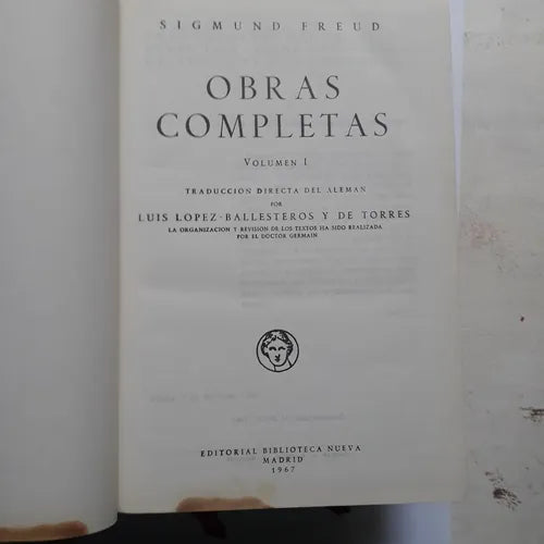 Libro usado en venta: Obras completas - (3 Tomos) de Sigmund Freud; editorial Biblioteca Nueva impreso en 1967 realizamos envios a todo el mundo.1