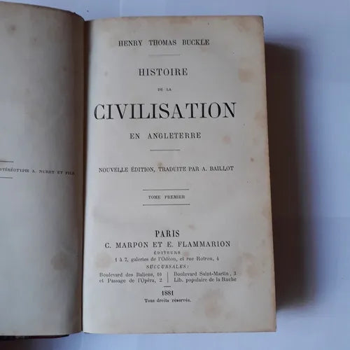 Libro usado en venta: Histoire de la civilisation en Angleterre (Tomo I) de Henry Thomas Buckle; editorial Flammarion impreso en 1881.1