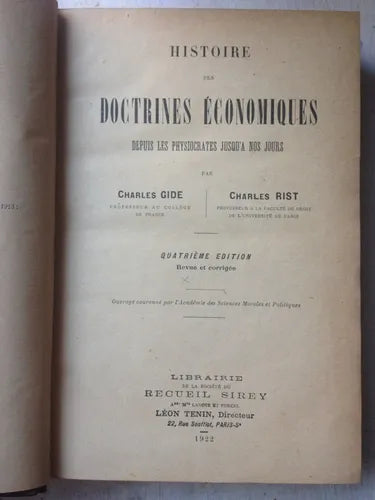 Libro usado en venta: Historie des doctrines economiques depuis les physiocrates jusqu'a nos jours de Gide - Rist; Societe du recueil Sirey 1922.1