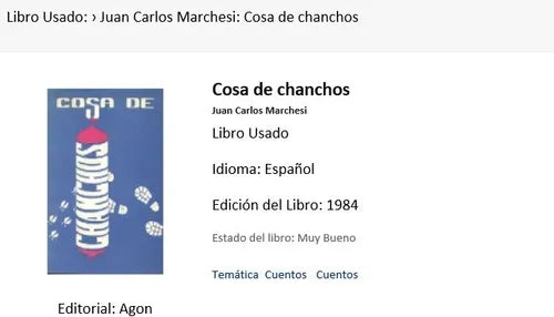 Libro usado en venta: Cosa de chanchos de Juan Carlos Marchesi; editorial Agon impreso en 1984 realizamos envios a todo el mundo.1