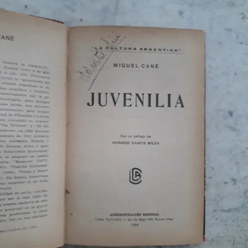 Libro usado en venta: Juvenilia de Miguel Cane; editorial Casa Vaccaro impreso en 1919 realizamos envios a todo el mundo.1