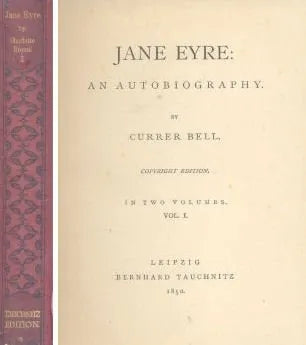 Libro usado en venta: Jane Eyre (Tomo 1) de Currer Bell (Charlotte Bronte); editorial Leipzig Bernhard Tauchnitz impreso en 1850.1
