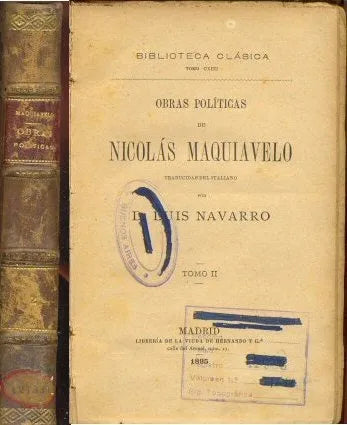 Libro usado en venta: Obras politicas (Tomo 2) de Nicolas Maquiavelo; editorial Viuda de Hernando impreso en 1895 realizamos envios a todo el mundo.1