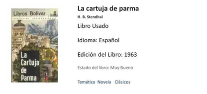 Libro usado en venta: La cartuja de parma de Stendhal; editorial Bolivar impreso en 1963 realizamos envios a todo el mundo.1