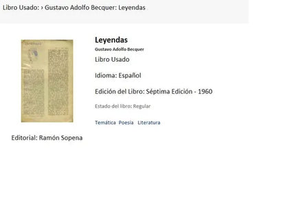 Libro usado en venta: Leyendas de Gustavo Adolfo Becquer; editorial Ramon Sopena impreso en 1960 realizamos envios a todo el mundo.1