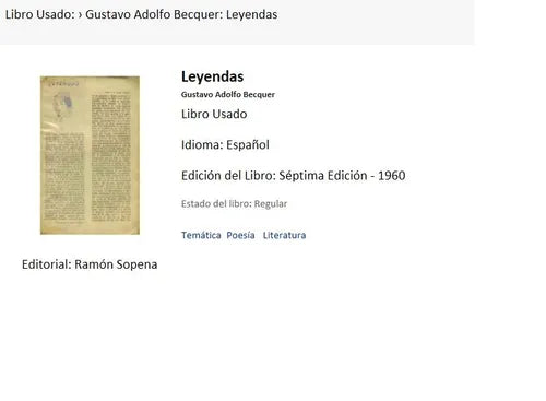 Libro usado en venta: Leyendas de Gustavo Adolfo Becquer; editorial Ramon Sopena impreso en 1960 realizamos envios a todo el mundo.1