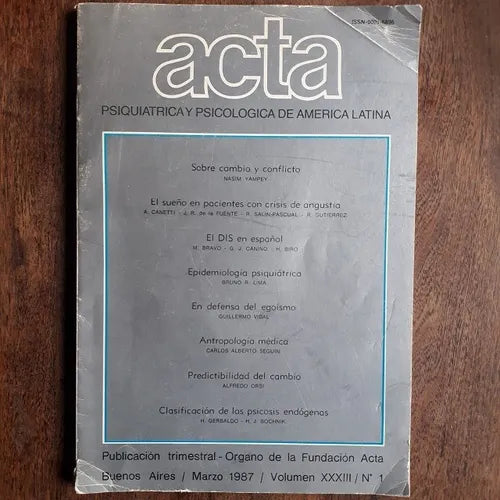 Libro usado en venta: Acta - Psquiatrica y psicologia de America Latina - Marzo 1987 - Vol. XXXIII - N? 1 de Revista; impreso en 1987.1