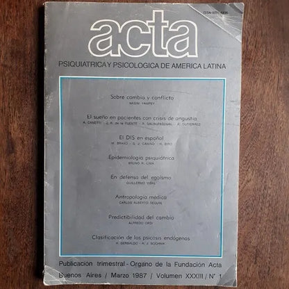 Libro usado en venta: Acta - Psquiatrica y psicologia de America Latina - Marzo 1987 - Vol. XXXIII - N? 1 de Revista; impreso en 1987.1