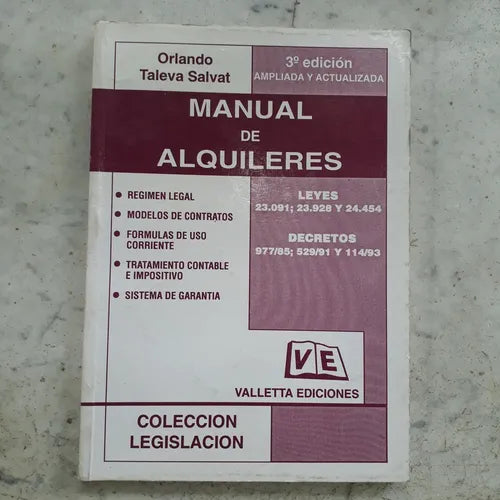 Libro usado en venta: Manual de alquileres de Orlando Taleva Salvat; editorial Valleta impreso en 1996 realizamos envios a todo el mundo.1