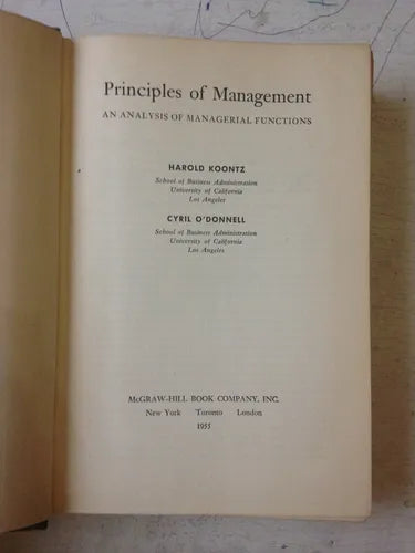 Libro usado en venta: Principles of Management de Harold Koontz - Cyril O'Donnell; editorial McGraw-Hill impreso en 1955 envios a todo el mundo.1