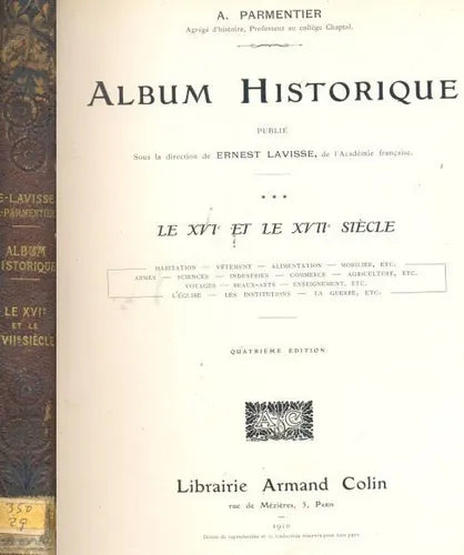 Libro usado en venta: Album-Historique - Le XVI et le XVII siecle - Tomo III de A. Parmentier; editorial Armand Colin impreso en 1910.1