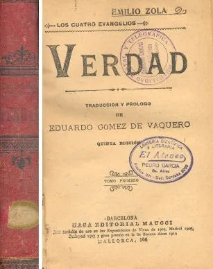 Libro usado en venta: Verdad de Emile Zola (Emilio Zola); editorial Maucci Hermanos realizamos envios a todo el mundo.1
