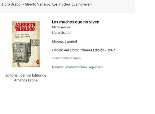 Libro usado en venta: Los muchos que no viven de Alberto Vanasco; editorial Centro Editor de America Latina impreso en 1967 envios a todo el mundo.1
