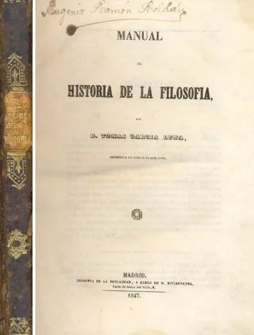 Libro usado en venta: Manual de Historia de la filosofia de Tomas Garcia Luna; editorial Imprenta de la Publicidad impreso en 1847.1