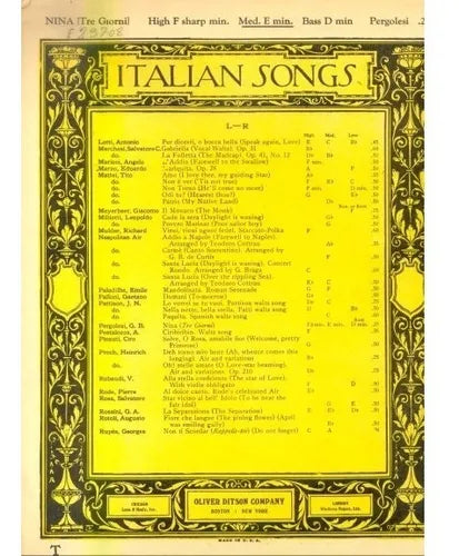 Libro usado en venta: Italian songs; editorial Oliver Ditson impreso en 1907 realizamos envios a todo el mundo.1