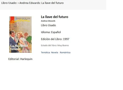 Libro usado en venta: La llave del futuro de Andrea Edwards; editorial Harlequin impreso en 1997 realizamos envios a todo el mundo.1