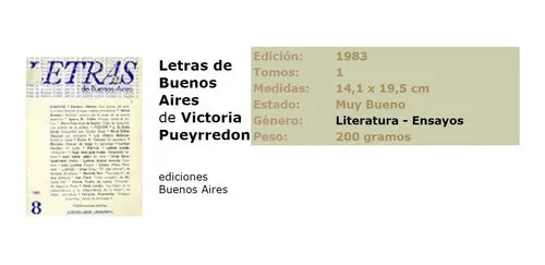 Libro usado en venta: Letras de Buenos Aires - N? 8 de Victoria Pueyrredon; editorial Buenos Aires impreso en 1983 realizamos envios a todo el mundo.1