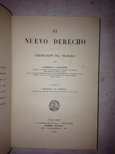 Libro usado en venta: El nuevo derecho (Legislacion del trabajo) de Alfredo L. Palacios; editorial J. Lajouane & Cia impreso en 1920.1