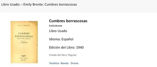 Libro usado en venta: Cumbres borrascosas de Emily Bronte; editorial Albatros impreso en 1940 realizamos envios a todo el mundo.1