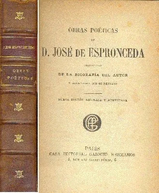 Libro usado en venta: Obras poeticas de Jose de Espronceda; editorial Garnier Hermanos realizamos envios a todo el mundo.1