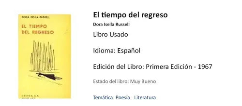 Libro usado en venta: El tiempo del regreso de Dora Isella Russell; editorial Losada impreso en 1967 realizamos envios a todo el mundo.1