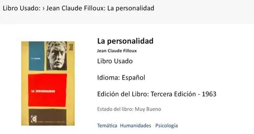 Libro usado en venta: La personalidad de Jean Claude Filloux; editorial Eudeba impreso en 1963 realizamos envios a todo el mundo.1