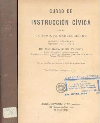 Libro usado en venta: Curso de instruccion civica de Enrique Garcia Merou - Jose Maria Saenz Valiente; editorial Angel Estrada envios a todo el mundo.1